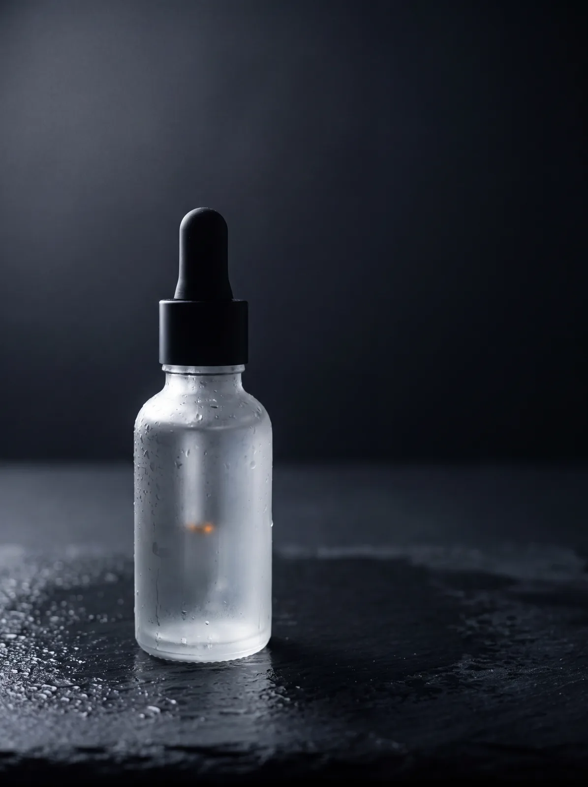 A frosted glass dropper bottle standing on wet dark slate, lit hard from one side, the background falling away into black.