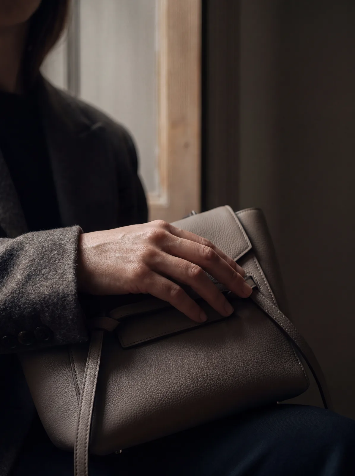A hand resting on a structured leather bag in soft window light, the person’s face outside the frame.