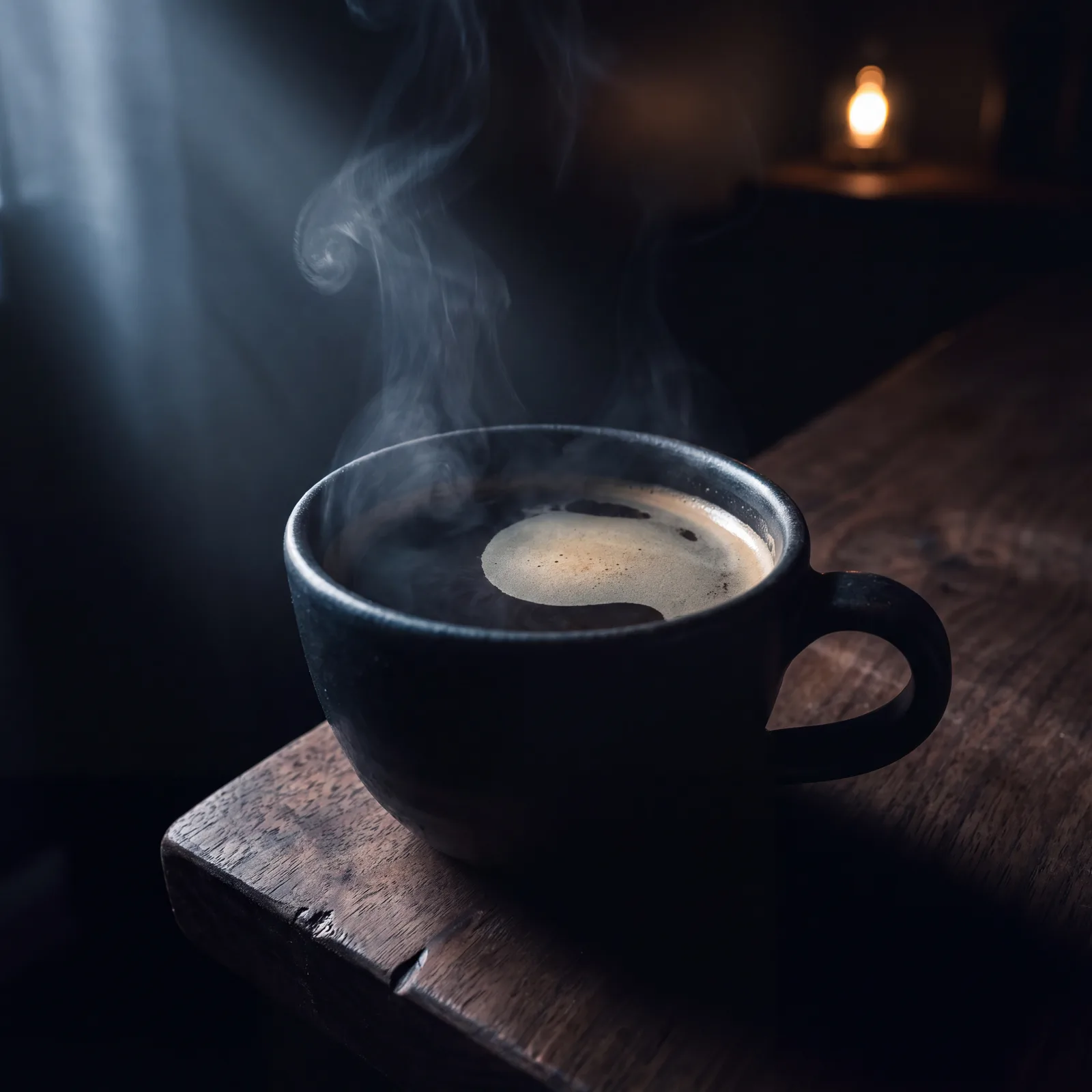 A dark ceramic cup of black coffee on a wooden surface, steam catching a single shaft of low light.