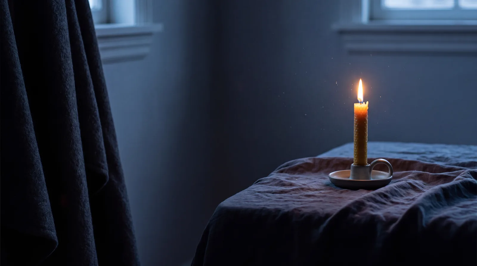 One lit candle on a linen covered surface in a dim room at dusk, the rest of the room cool and almost empty.